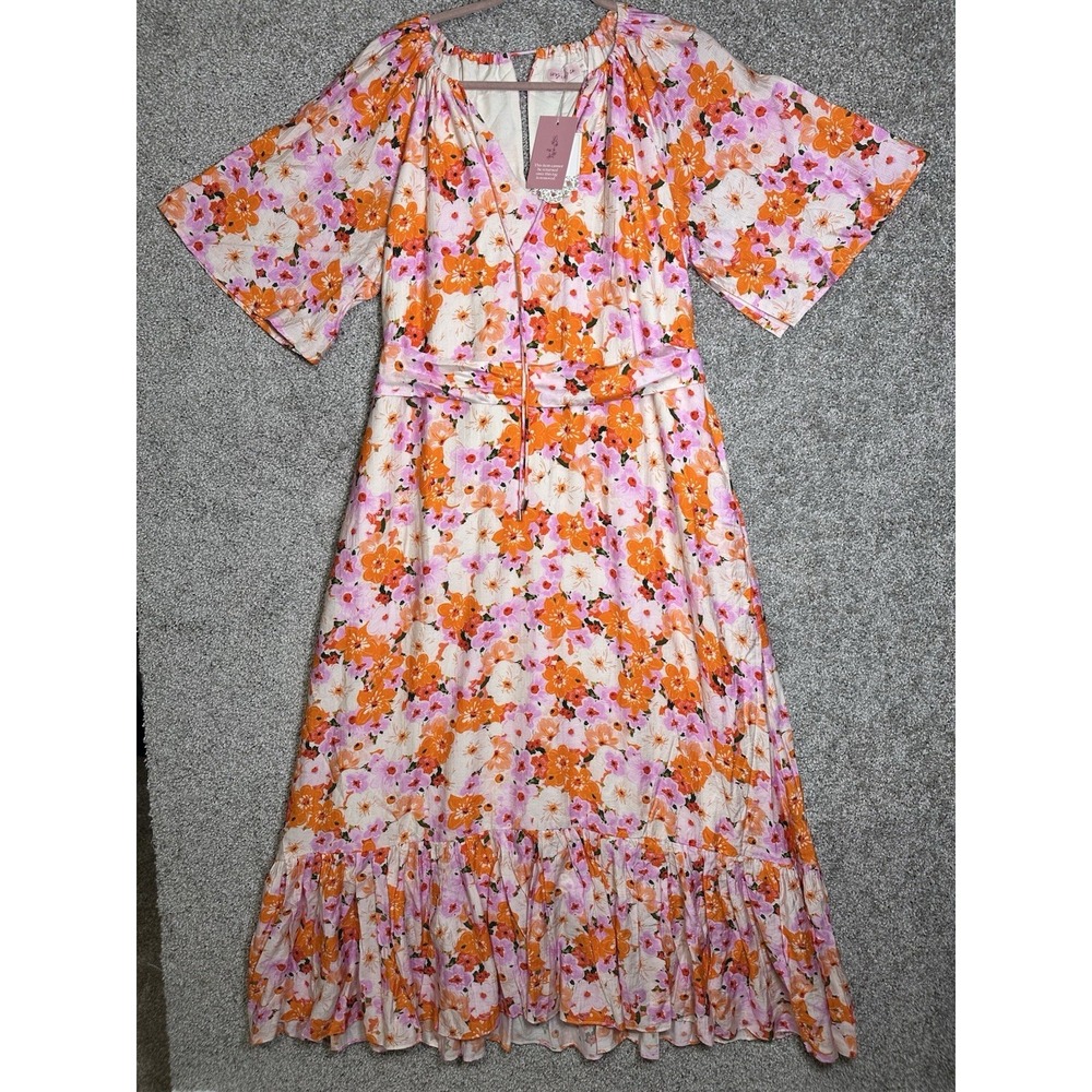 Ivy City Co Haven Dress Small Pink Orange Floral Midi NWT Ruffle Hem‎